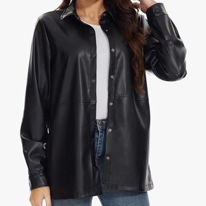 Faux Leather Shacket Moto Biker Shirts Loose Fit Blazer Long Sleeve